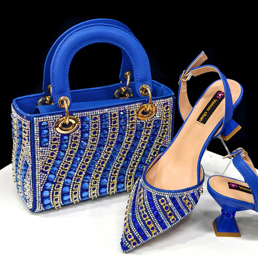 New Design Specials Italian Women Shoes and Bag Set Blue Color Comfortable Low Heels With Rhinestone