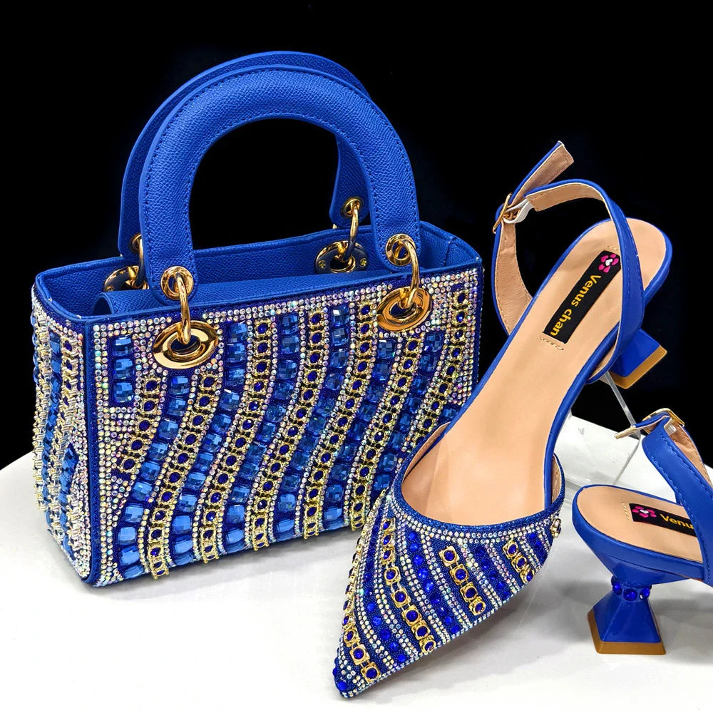 Women's Party Shoes & Bag Set – Elegant Golden Rhinestone Spring/Summer Sandals with Pointed High Heels