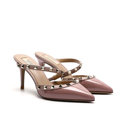 2025 New Genuine Leather Gladiator Pumps Sandals Luxury Metal Rivets Summer Women Outdoor Slippers Black Fashion High Heels 41