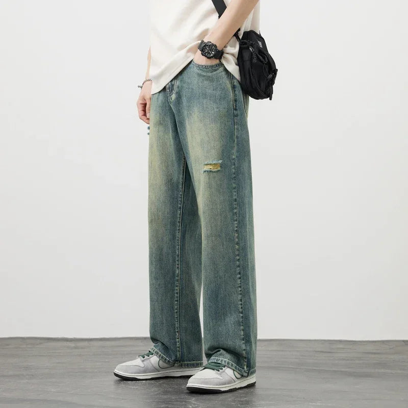 Korea Baggy Cargo Jeans Men Vintage Straight Ripped Y2k Pants Fashion Frayed High Street Distressed Denim Trousers Male Clothes