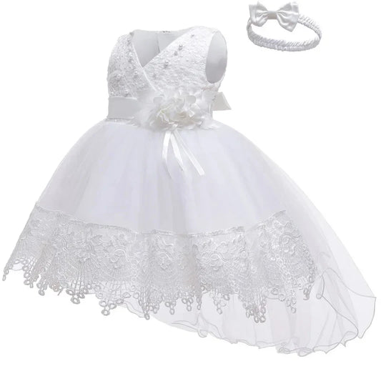 Baby Girl 1st Birthday Baptismal Wedding Dress Princess Dress With Headband Elegant Girls Party Dresses Infant Lace Evening Gown