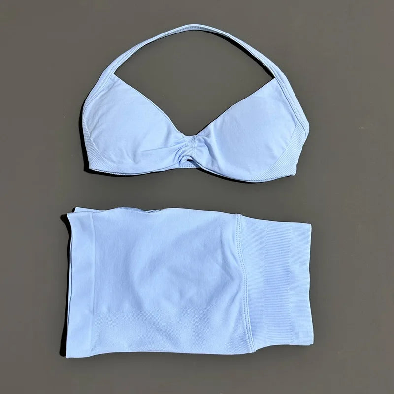 No Logo 2 Piece Impacts Gym Set Women Seamless Yoga Strappy Bra Workout Scrunch Sports Low Waist Shorts Sport Set