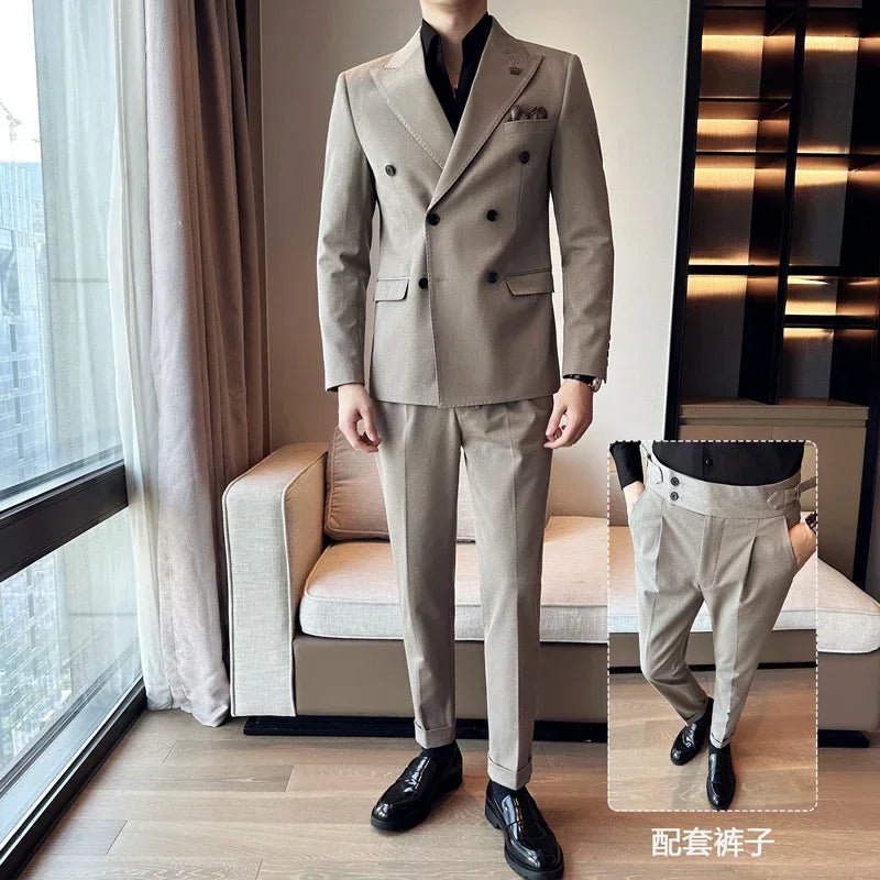 (Jackets+Pants) Luxury Double Breasted Design Slim Fit Suit High Quality Fashion Men's Wedding Social Suit Tuxedo 2 Piece Set
