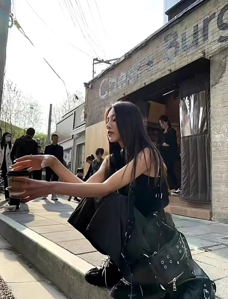High Street Vintage Handbag Women New Rivet Large Capacity Casual Crossbody Bags Ladies Moto Biker Black Messenger Bag