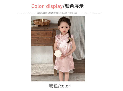 Vestido de princesa rosa estilo chinês retrô Qipao sem mangas para meninas de 2 a 10 anos Vestido 2026 Novo verão Roupas para o Dia das Crianças 6.1