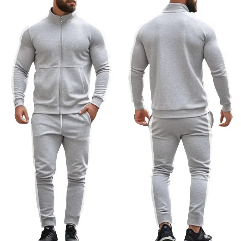 2025 Spring Autumn Men's 2-Piece Set Color Blocking Zipper Stand Collar Casual Sports Jacket Sweatshirt Trousers Suit