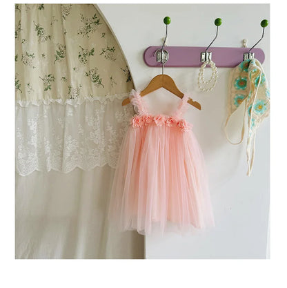 1-6 Y Girls Dresses  3D Flower A Line Dress for Girls Sleeveless Camisole Mesh Dress