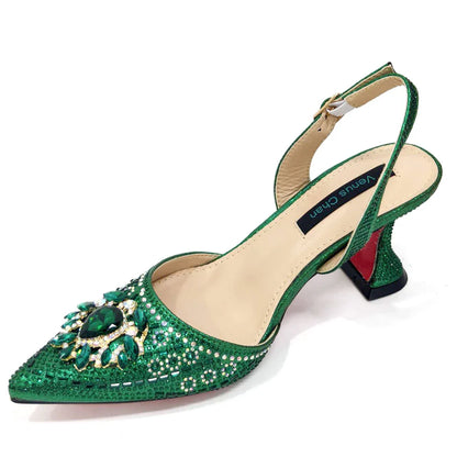 Sapatos de Salto Alto Verdes para Senhoras Design Popular Sapatos e Bolsa Africanos Estilo INS Elegante
