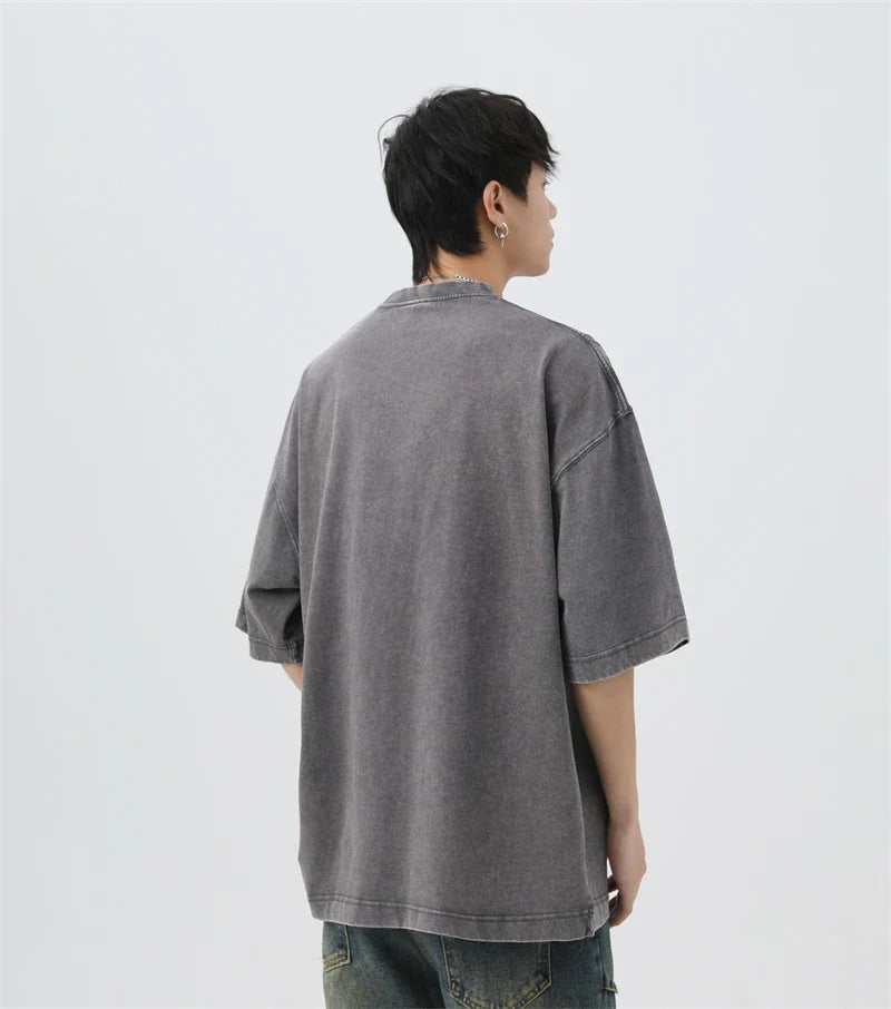 Japanese Korean Style Stir Fried Snowflake Washed T-Shirts Men Women Cotton Heavyweight Summer Hip Hop Streetwears Short Sleeved