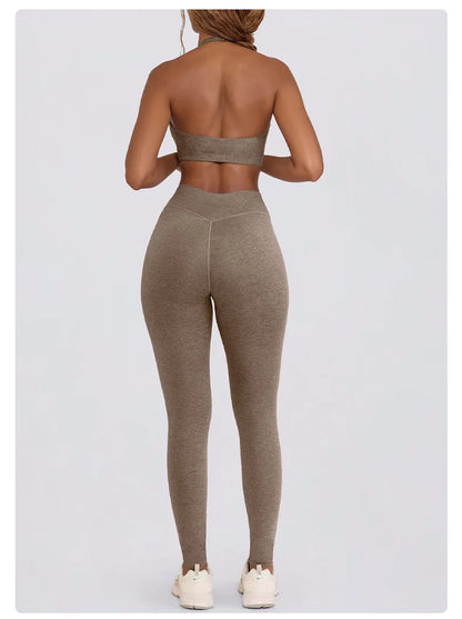 Women's Yoga Suits Quick Drying Leggings Gym Shorts Nude Hanging Neck Bra Running Gym Exercise Sets
