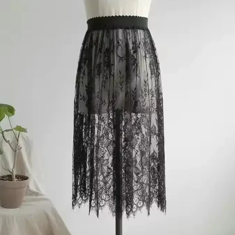 Transparent Sexy Lace Mesh Skirt Elastic High Waist Black White Tulle Mini Skirts Womens Skirt Korean Fashion Women's Skirt