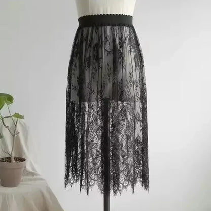 Transparent Sexy Lace Mesh Skirt Elastic High Waist Black White Tulle Mini Skirts Womens Skirt Korean Fashion Women's Skirt