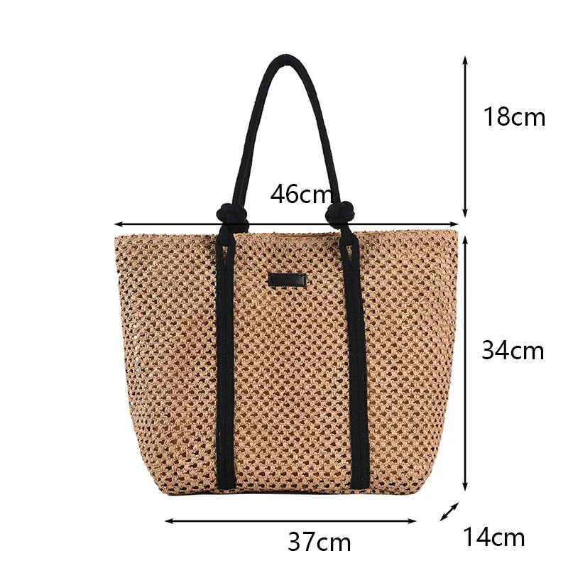 Bolsa Sacola de Palha Tecida de Verão Bolsa de Ombro Feminina Casual de Praia para Férias Bolsas Femininas de Grande Capacidade Cor Sólida