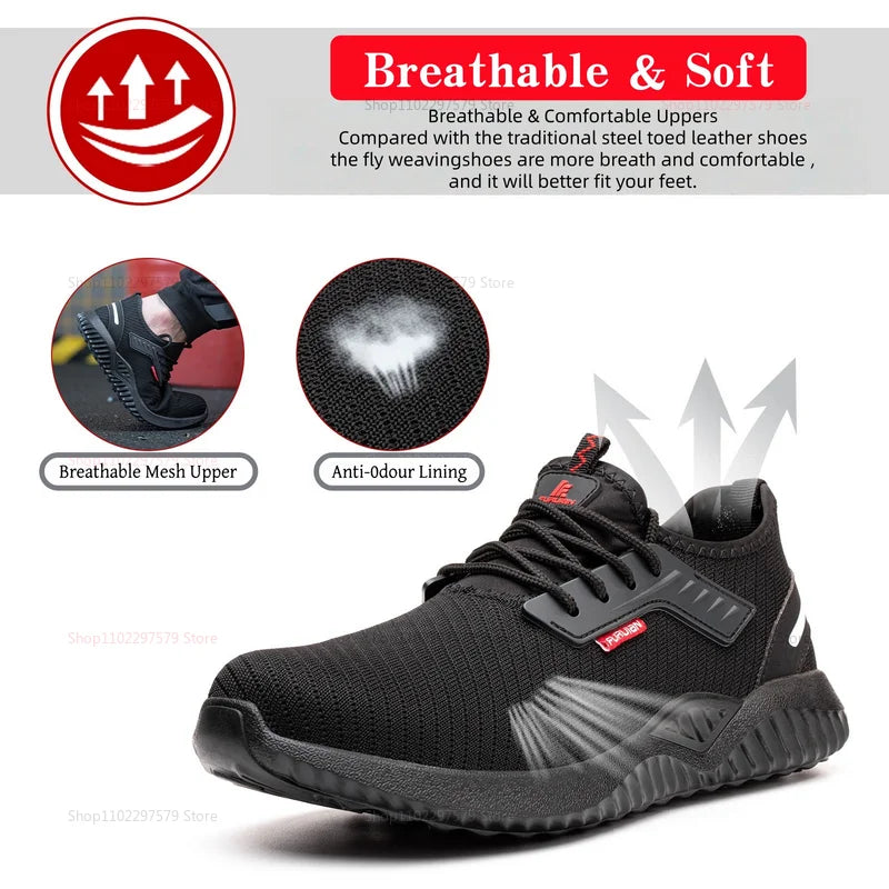 Steel-toe work shoes, puncture-resistant safety boots, sturdy industrial shoes, comfortable and breathable, and slip-resistant.