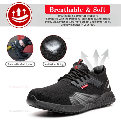 Steel-toe work shoes, puncture-resistant safety boots, sturdy industrial shoes, comfortable and breathable, and slip-resistant.