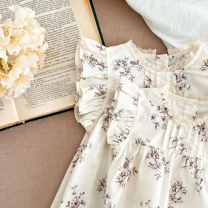 Summer Girls Dress Children's Clothing Bow Embroidered Flower Collar Girl's Dress Cartoon Printed Flying Sleeves Princess Dress