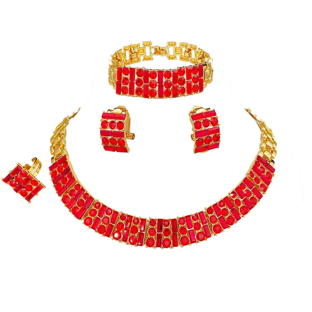 Red Zircon Wedding Jewelry Set Tennis Necklace Bracelets Square Earring Ring Italian Nigeria Women Jewellery 2025 New