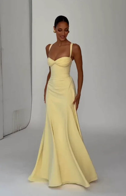 Women Yellow Low Cut Backless High Waisted Dress Lace Up Sleeveless Waist Cincher Spaghetti Strap Vestidos Party Club Women Robe