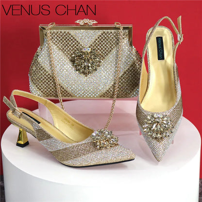 Italian Design Rhinestone Luxury Green Colour Pointed Toe Shoe & Bag Set Women's High Heels for Parties High Quality