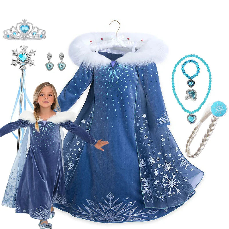 Girls Cosplay Frozen Elsa Princess Dress Children Winter Fill Sleeve Snow Queen Costume Kids Carnival Birthday Party Dresses