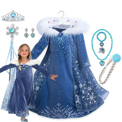 Girls Cosplay Frozen Elsa Princess Dress Children Winter Fill Sleeve Snow Queen Costume Kids Carnival Birthday Party Dresses