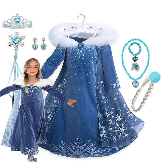 Girls Cosplay Frozen Elsa Princess Dress Children Winter Fill Sleeve Snow Queen Costume Kids Carnival Birthday Party Dresses