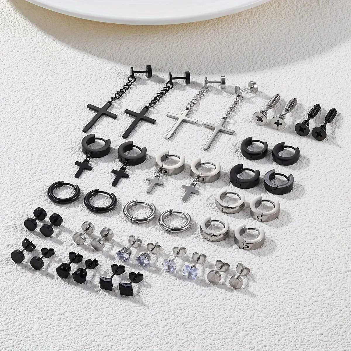 Simple Stainless Steel Zircon Stud Earrings For Men, Cross Pendant Hoop Earrings For Daily Wear