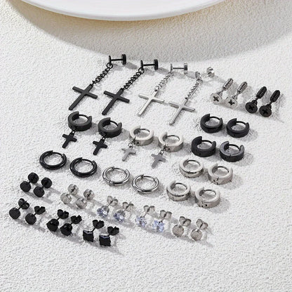 Simple Stainless Steel Zircon Stud Earrings For Men, Cross Pendant Hoop Earrings For Daily Wear