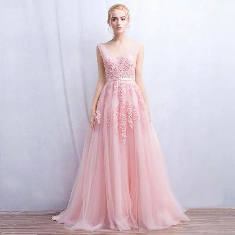 In Stock Pink Princess Prom Dresses Appliques Beaded V Neck Long Evening Dress Soft Tulle Bridesmaid Dress Vestidos De Fiesta