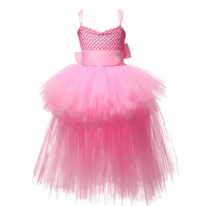 Vestido Tutu Rosa e Preto para Meninas, Vestido de Tule com Cauda e Decote V para Festa de Aniversário, Vestido de Baile para Meninas, Fantasias de Halloween Infantis