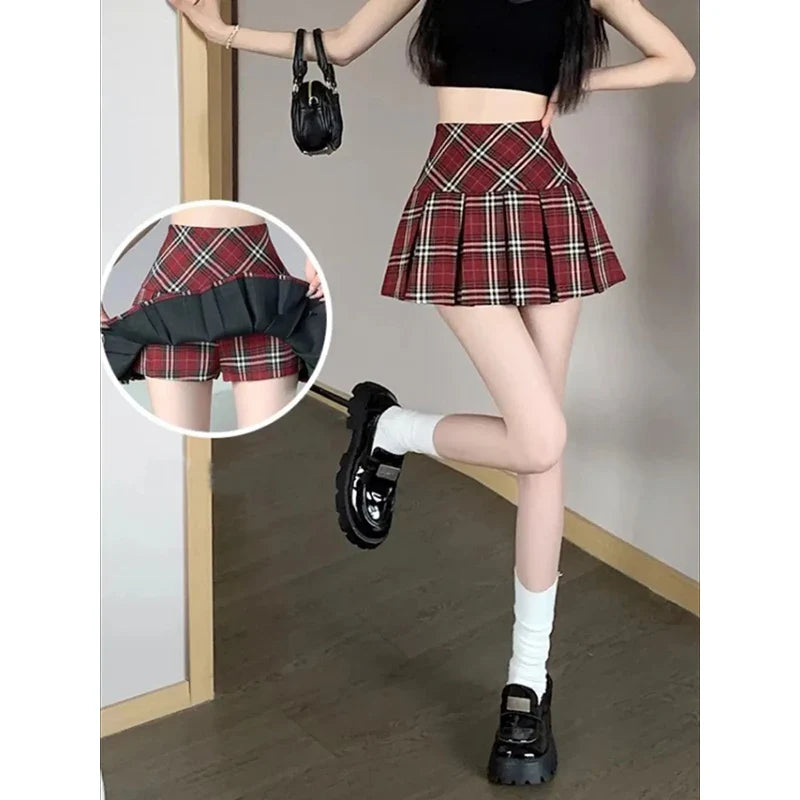 Summer Chic Korean Lady Thin Wrap Hip Skirts Female Retro High Waist A-line Skirts Women Fashion Plaid Designer Skirts