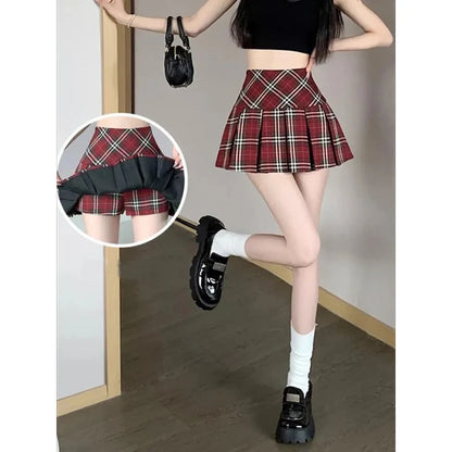 Summer Chic Korean Lady Thin Wrap Hip Skirts Female Retro High Waist A-line Skirts Women Fashion Plaid Designer Skirts