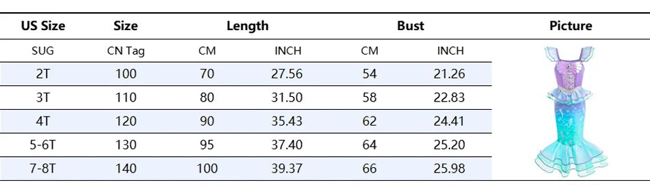 Ariel Cosplay Princess Costume Kids Cartoon Printed Dress Girls Halloween Children Carnival Birthday Party Clothes