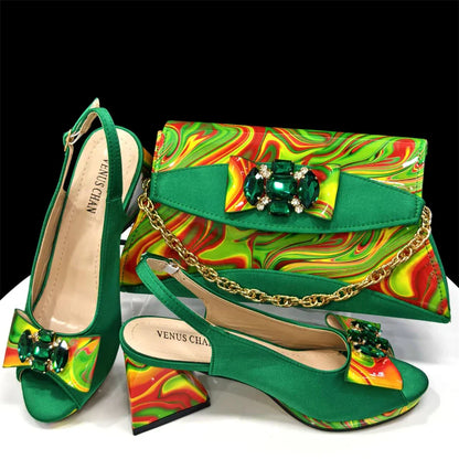 Fashion Purple Color Painted Rhinestones Elegant Peep Toe Sandals Shoes and Bag Set Italian Heels for Womens