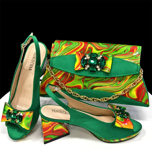 Fashion Purple Color Painted Rhinestones Elegant Peep Toe Sandals Shoes and Bag Set Italian Heels for Womens