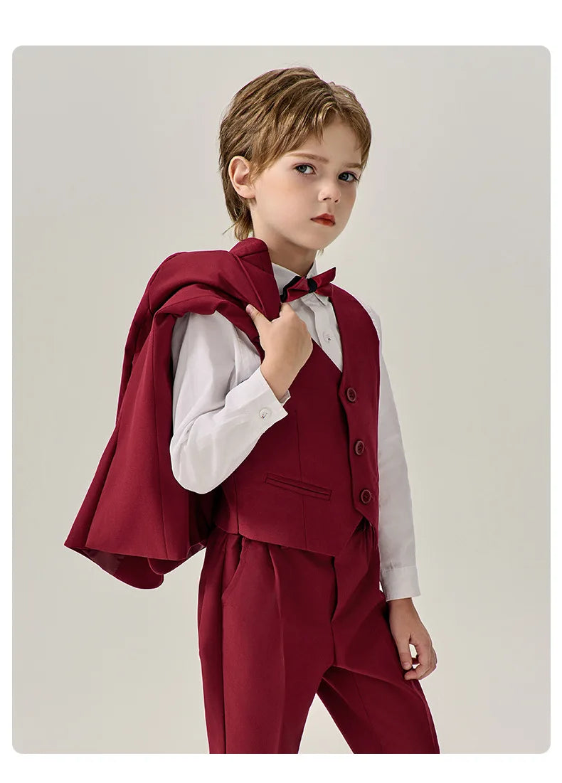 Boys Dark Green Jakcet Vest Pants Bowtie Evening Party Dress Children Wedding Photograph Suit Kids Ceremony Performance Costume