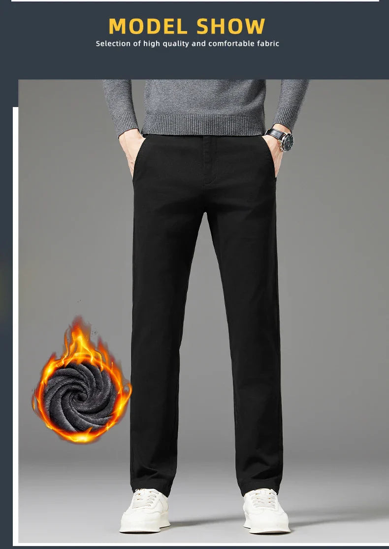 Winter Thickened Men's Velvet Casual Pants Fleece Warm Fashion Solid Color Straight Elastic Male Business Plush Pants