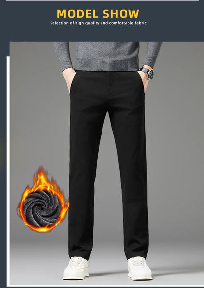 Winter Thickened Men's Velvet Casual Pants Fleece Warm Fashion Solid Color Straight Elastic Male Business Plush Pants
