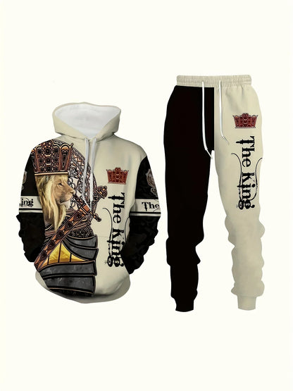 Vintage Men's Hooded Hoodies 3D Printed Battle Animal Pattern Sweatshirt Drawstring Sport Long Sleeve Tops Casual Men's Set