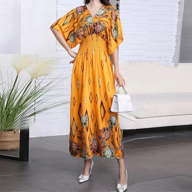 Flower V-neck Elastic Youthful Bohemian Sweet Midi Dress Woman Clothes Chic Fashion Summer Dresses 2025 Large Swing Ski