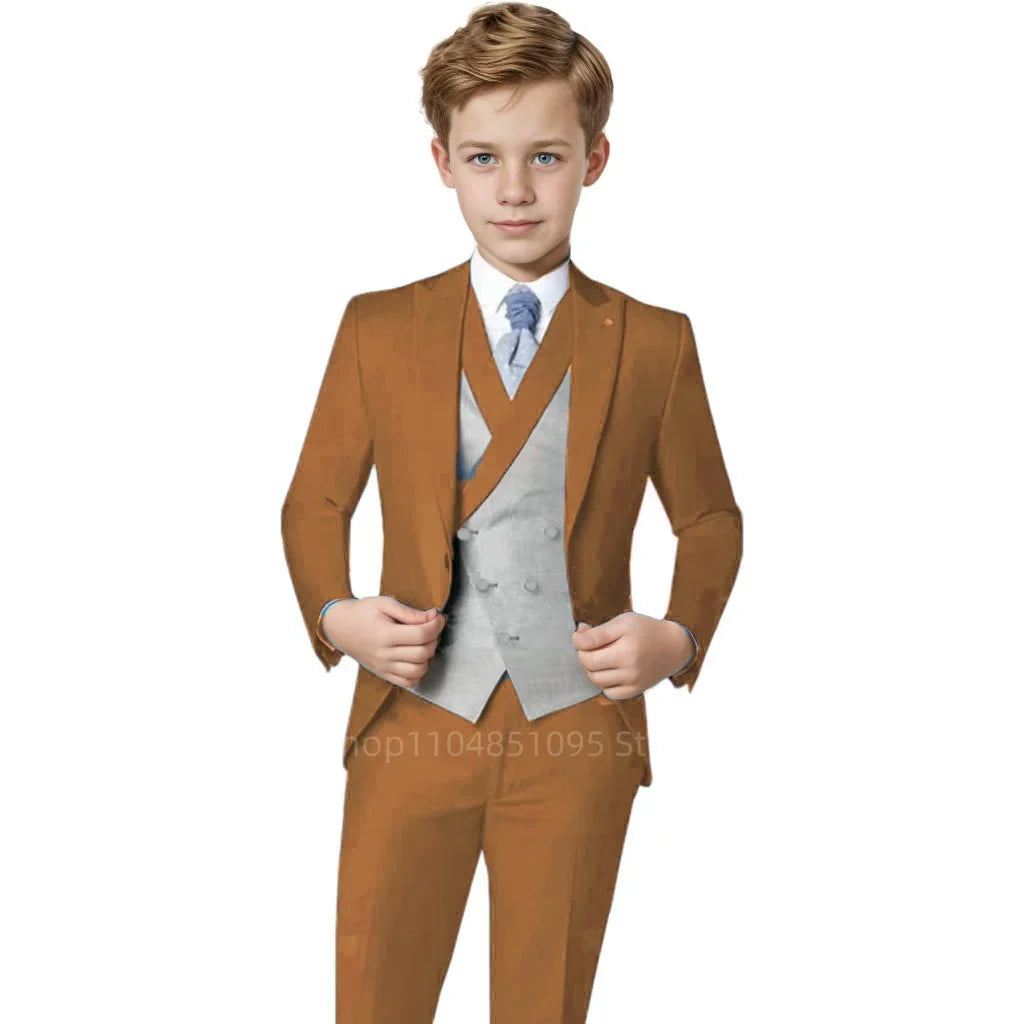 Elegant Orange Boy's Suit Set for Wedding 3 Pieces Suit Set Groom Tuxedo Sets Blazer Vest Pants Kids Guest Tuxedo Piano Suit