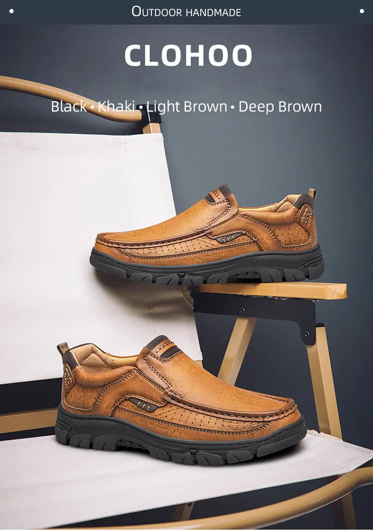 Men's Casual Loafers Handmade Breathable Leather Shoes with Thick Rubber Sole Comfortable Footwear Classic Hand Sewn Seams