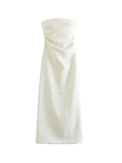 Women Fashion Strapless Gathered Midi Dress Sexy Straight Neck Back Slit Female Dresses Vestidos Mujer