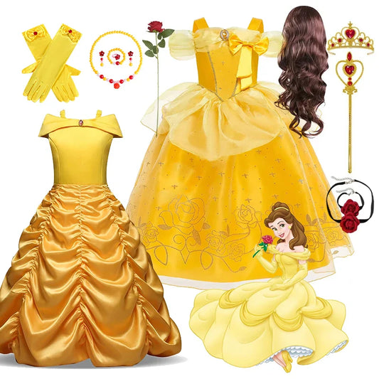 Girls Cosplay Belle Princess Dress for Kids Beauty and The Beast Costumes Children Birthday Party with Flower Clothes