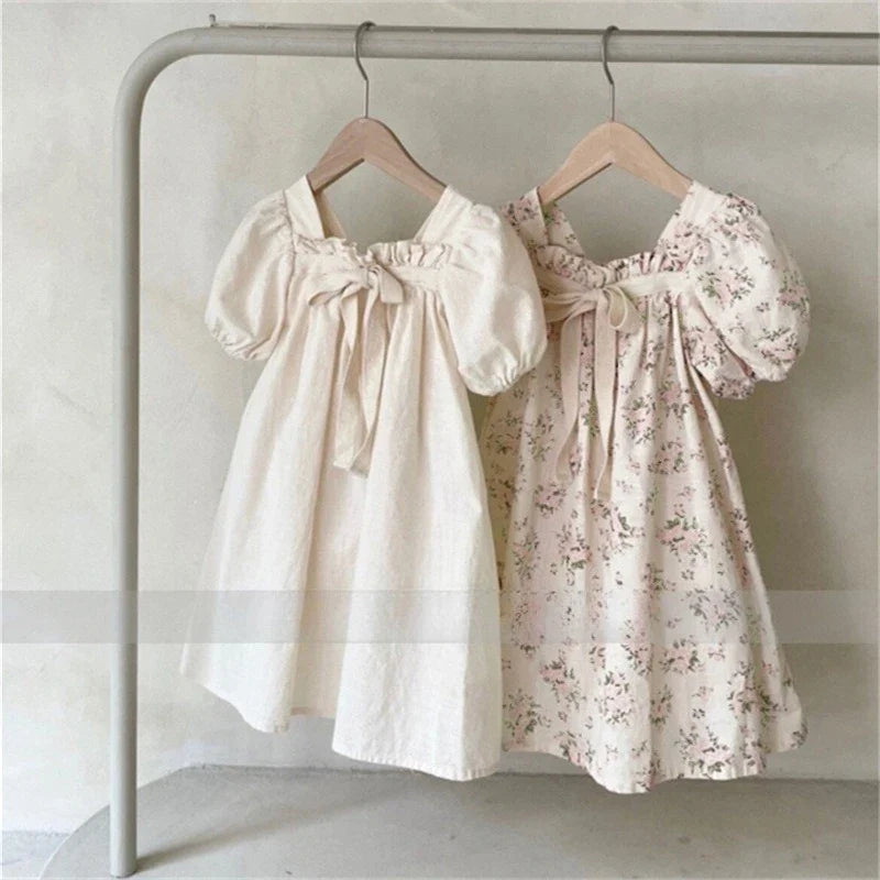 Summer Doll Skirt Girl Baby Bow Bubble Sleeve Princess Dress Floral Square Neck Dress
