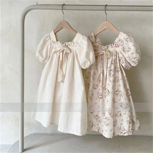 Saia de verão para boneca, vestido de princesa com laço e manga bufante para bebê, vestido floral com decote quadrado