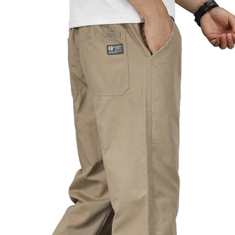 Men's 100% Cotton Cargo Pants Business Relaxed Fit Long Trousers Men Elastic Waist Drawstring Sweatpants Autumn Men Jogger Pants