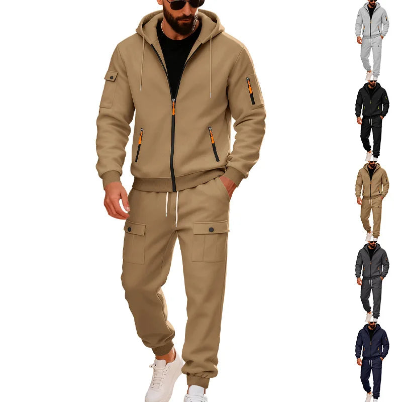 Autumn and winter men's velvet loose casual tooling outdoor sports fashion hooded sweater set