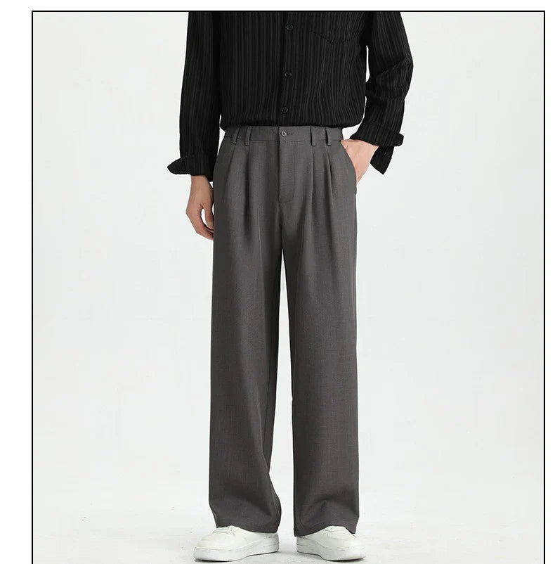 Spring New Loose Straight Pants Men Elastic Waist Double Pleats Wide Legs Casual Drape Fashionable Anti-wrinkle Trousers