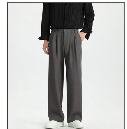 Spring New Loose Straight Pants Men Elastic Waist Double Pleats Wide Legs Casual Drape Fashionable Anti-wrinkle Trousers